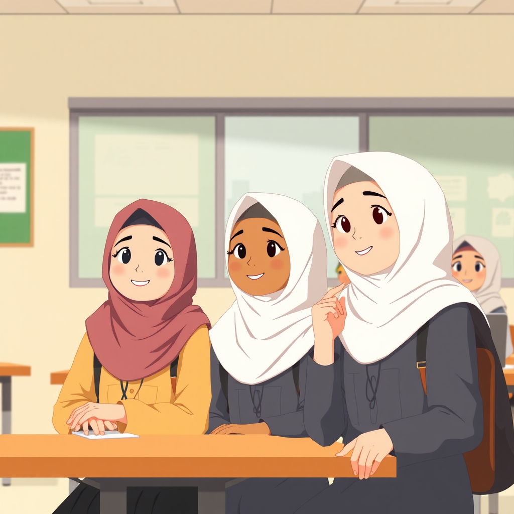 Students wearing hijabs in school for animation class.