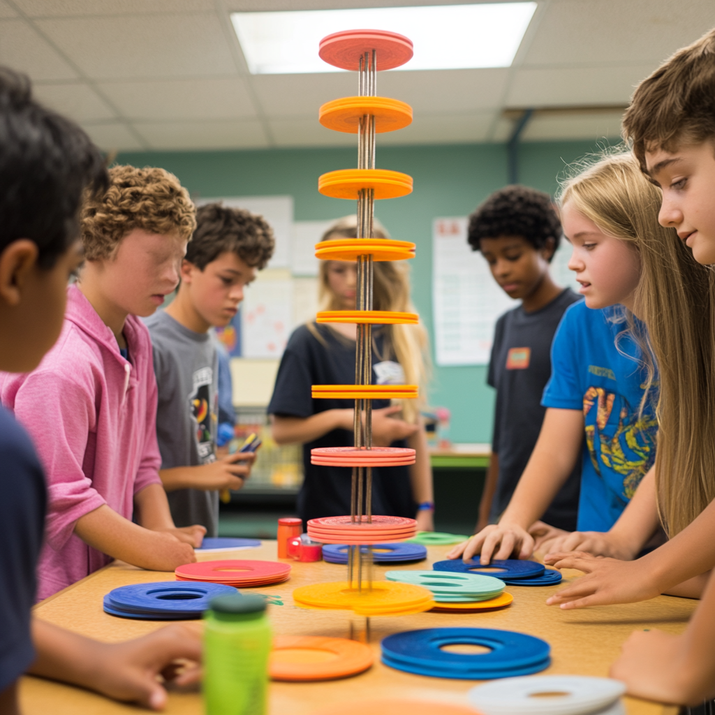 Students working together to solve a stacking challenge