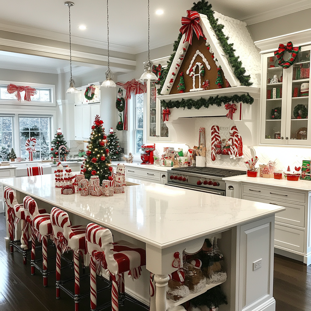 Stunning Christmas kitchen with gingerbread houses and decor.