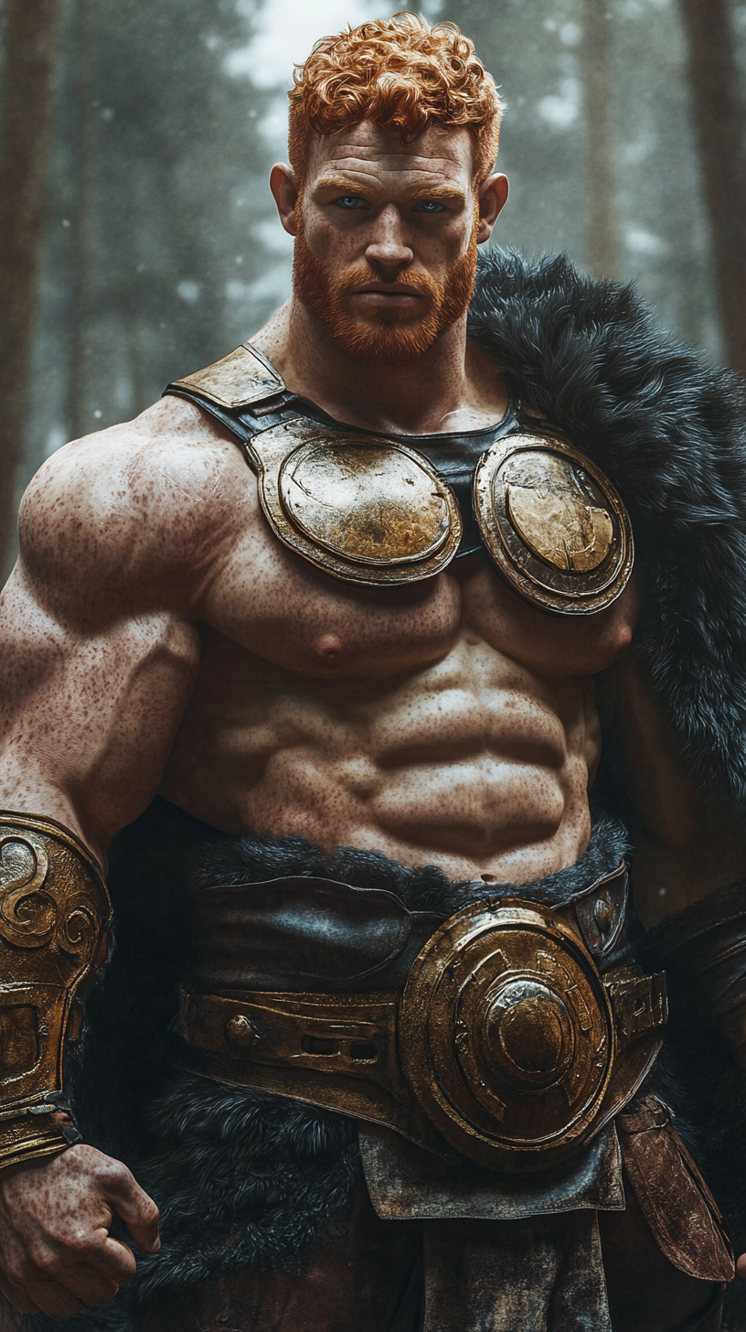 Stunningly handsome orc bodybuilder flexing in forest