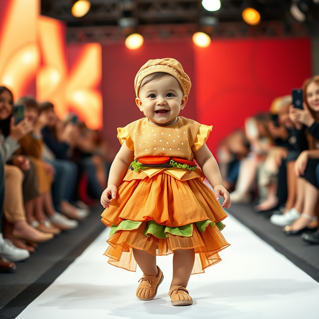 Stylish Baby Struts Burger-Inspired Outfit on Runway.