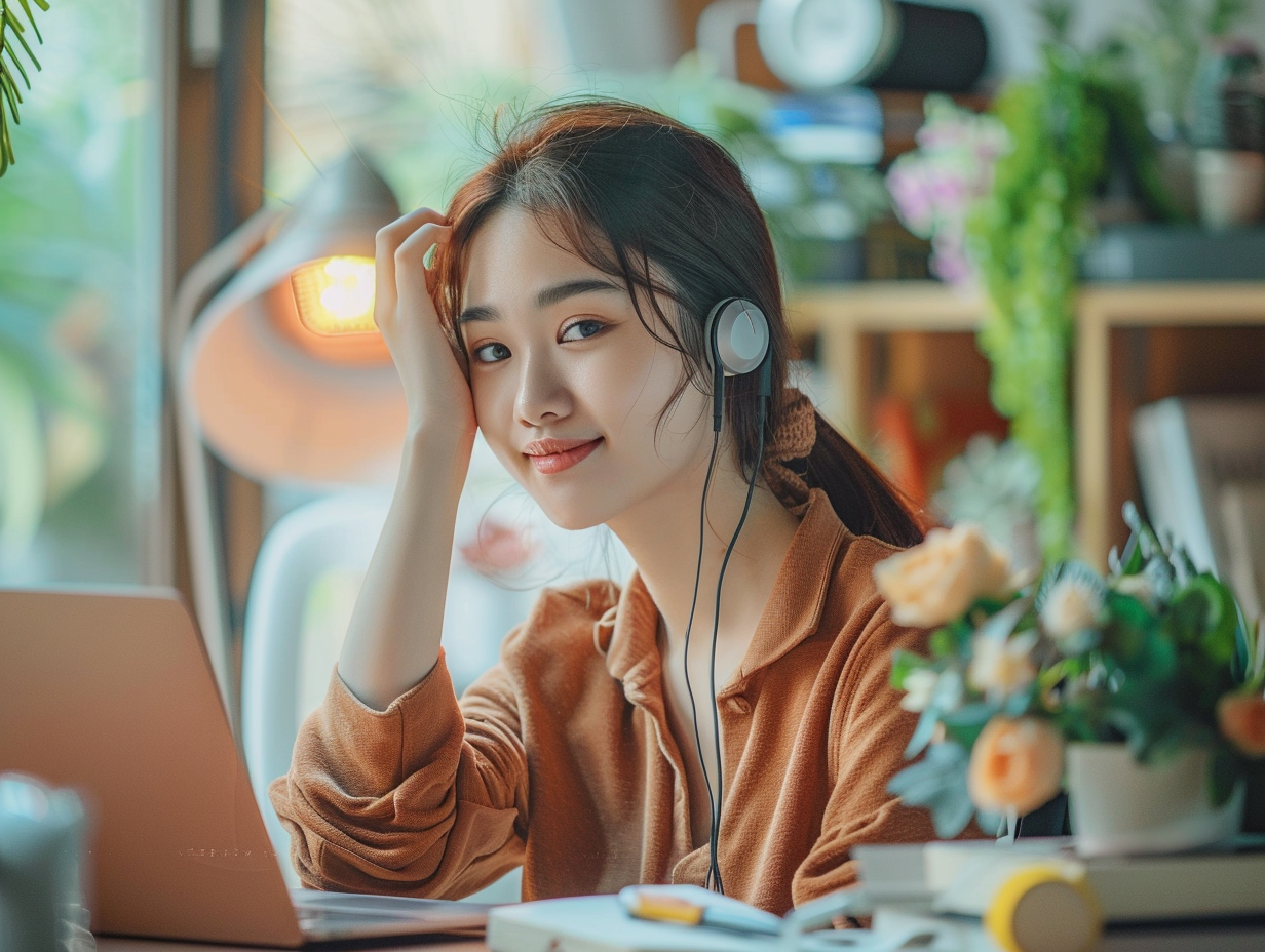 Stylish Bluetooth earphone held by an Asian model