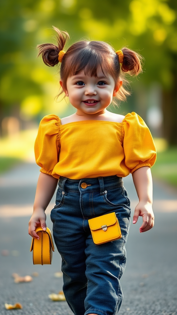 Stylish Child Walking in Park with Yellow Outfit