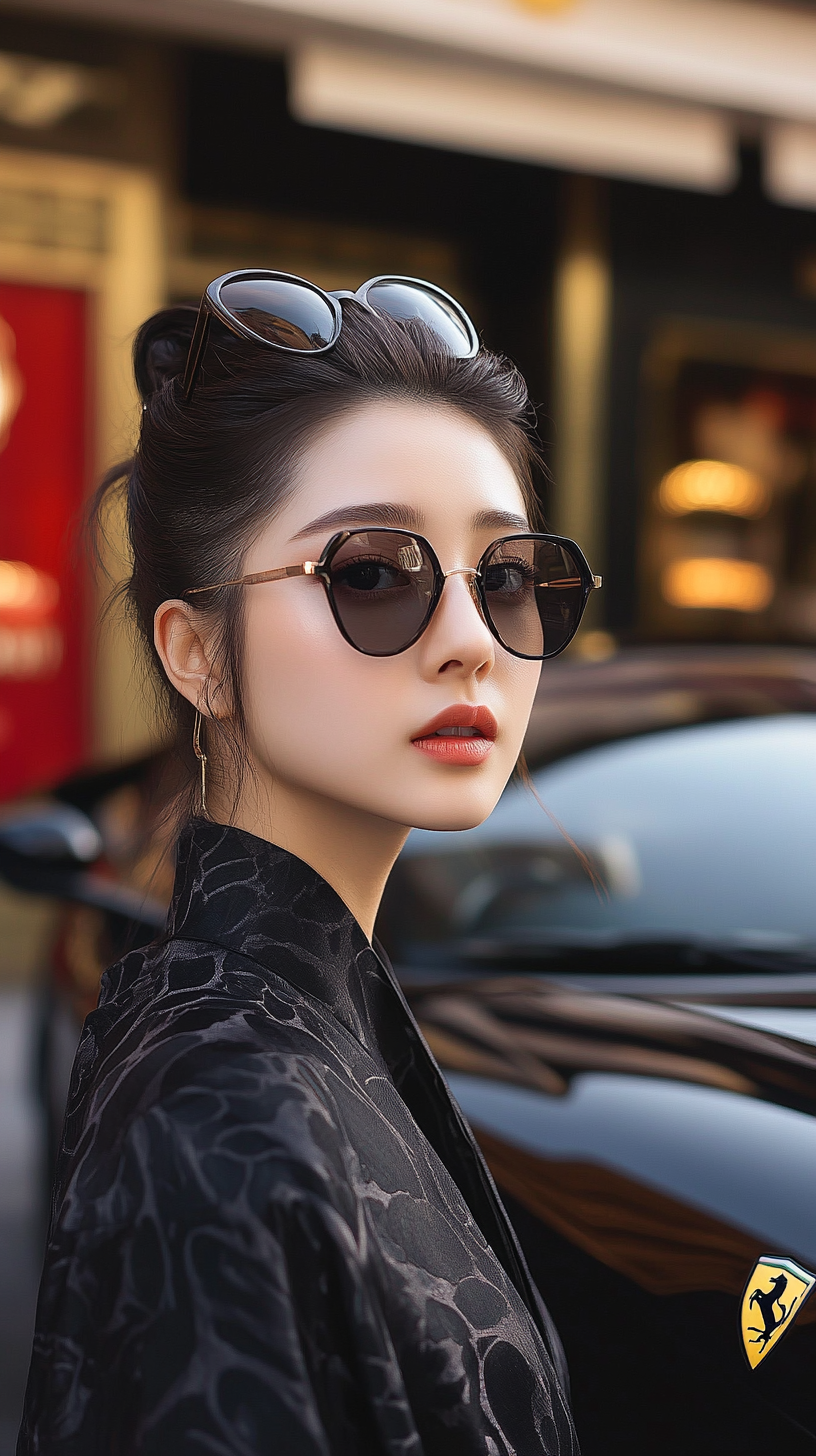 Stylish Japanese Woman and Ferrari at Luxury Boutique