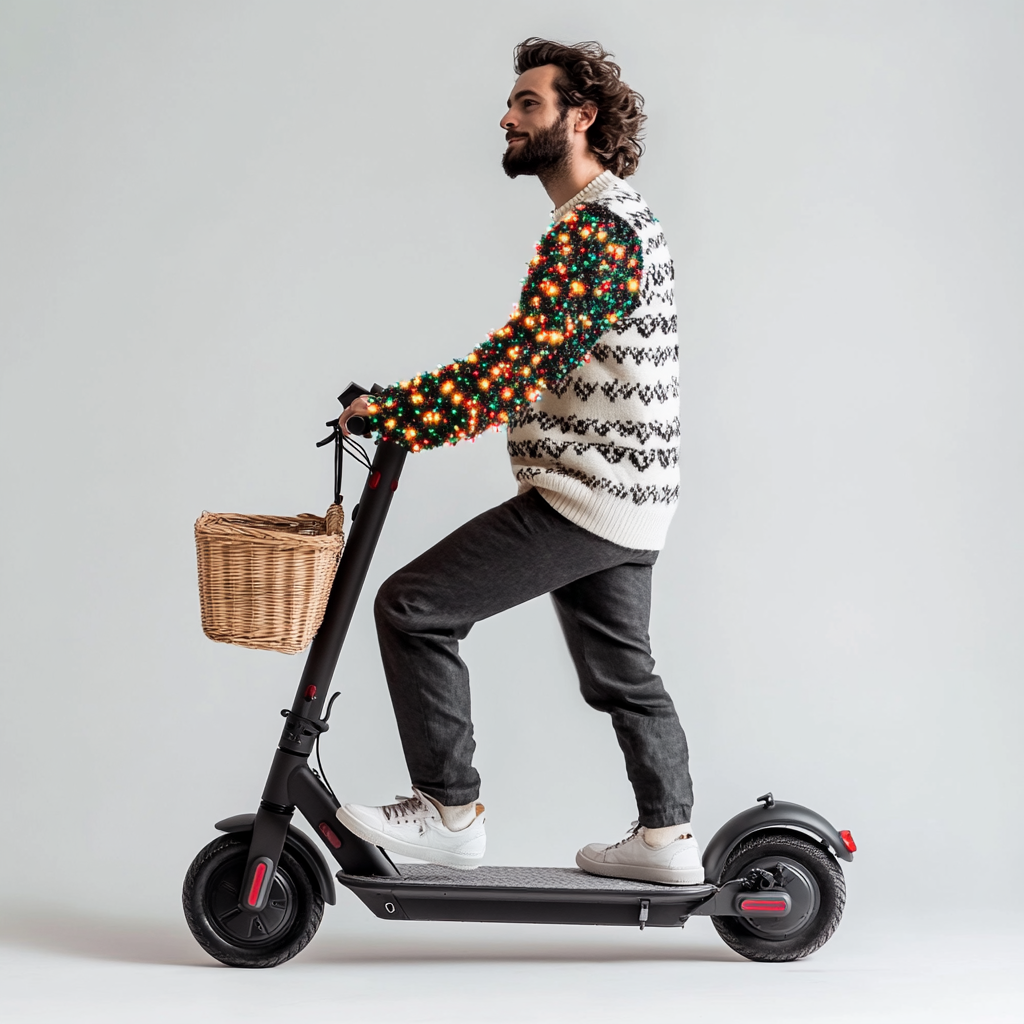 Stylish man rides trendy scooter in festive sweater