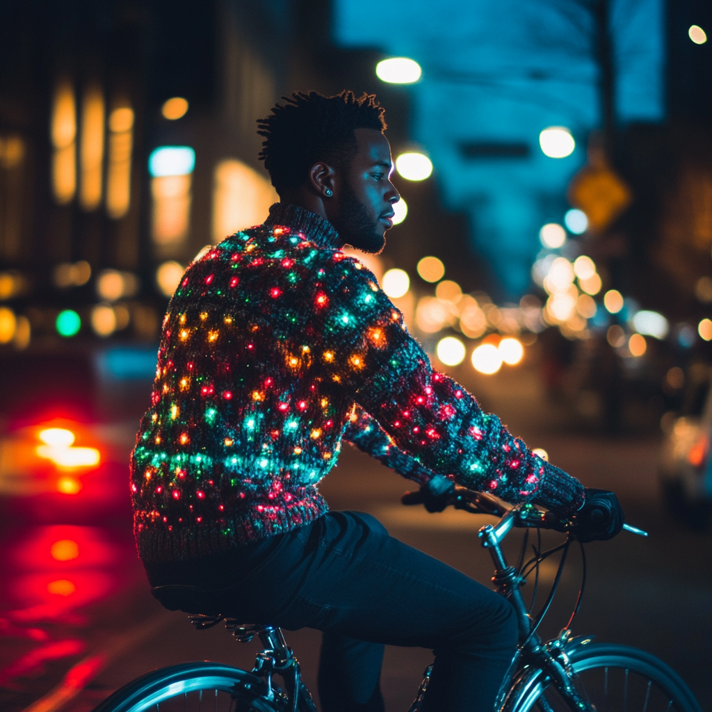 Stylish man riding Christmas bicycle in city