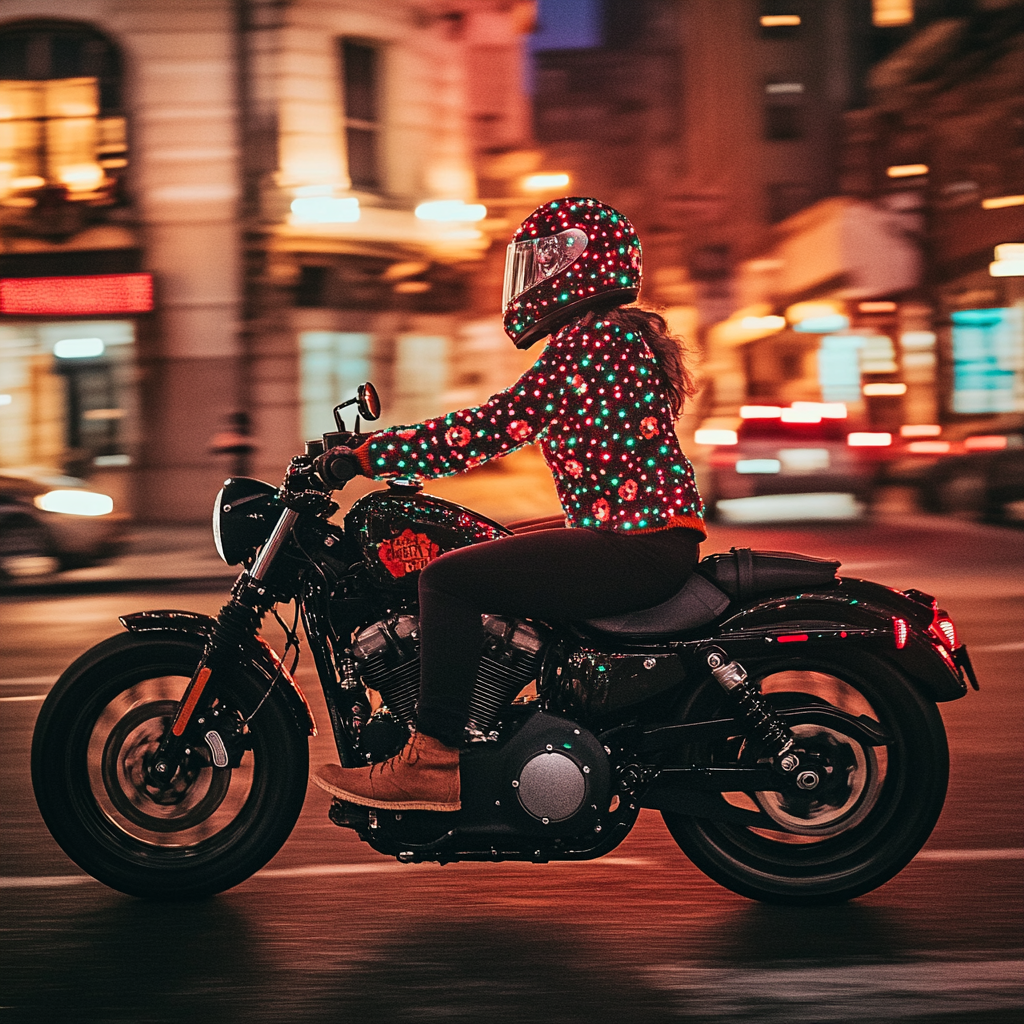 Stylish person rides motorcycle in Christmas light sweater