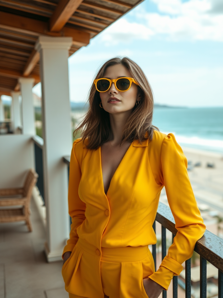 Stylish woman in yellow outfit on beach balcony.