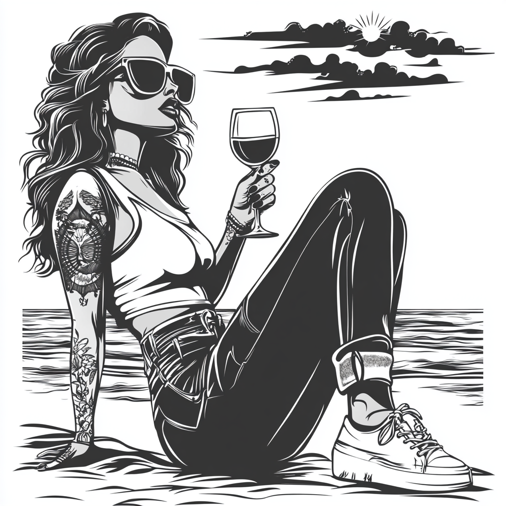 Stylish woman with wine looking at sea sunset