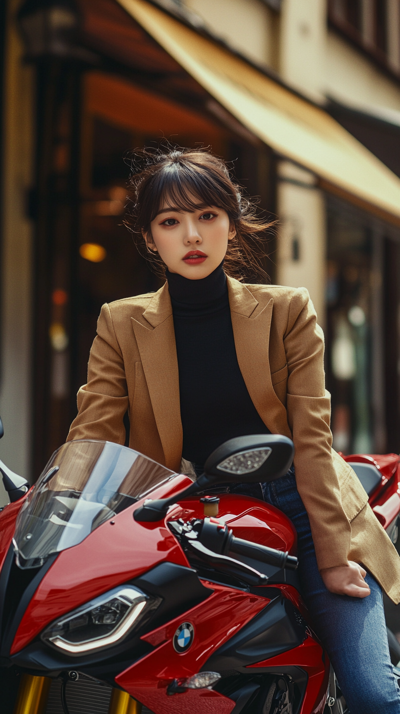 Stylish young woman poses on red BMW