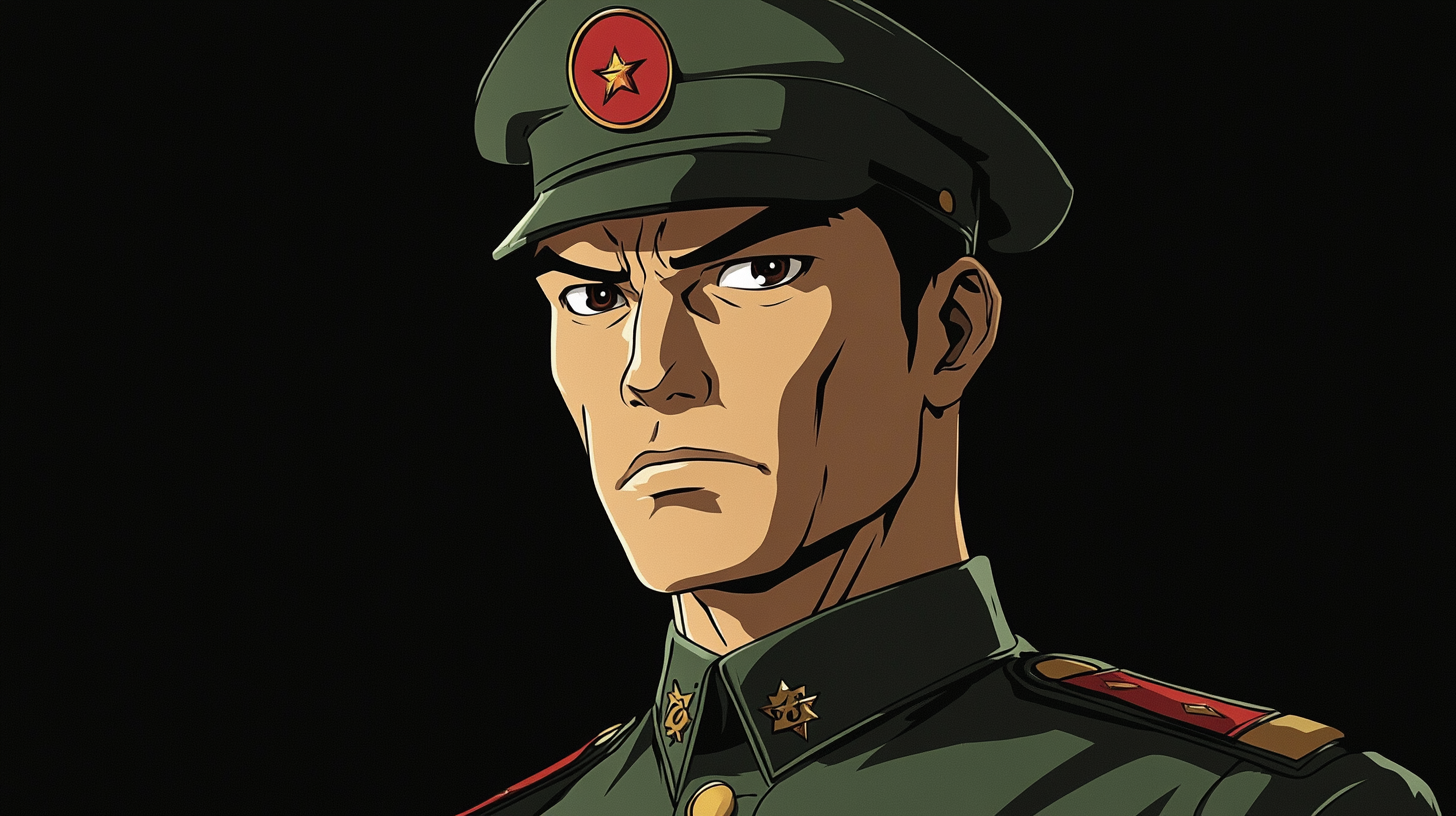 Stylized anime portrait of stern Asian man, military uniform.