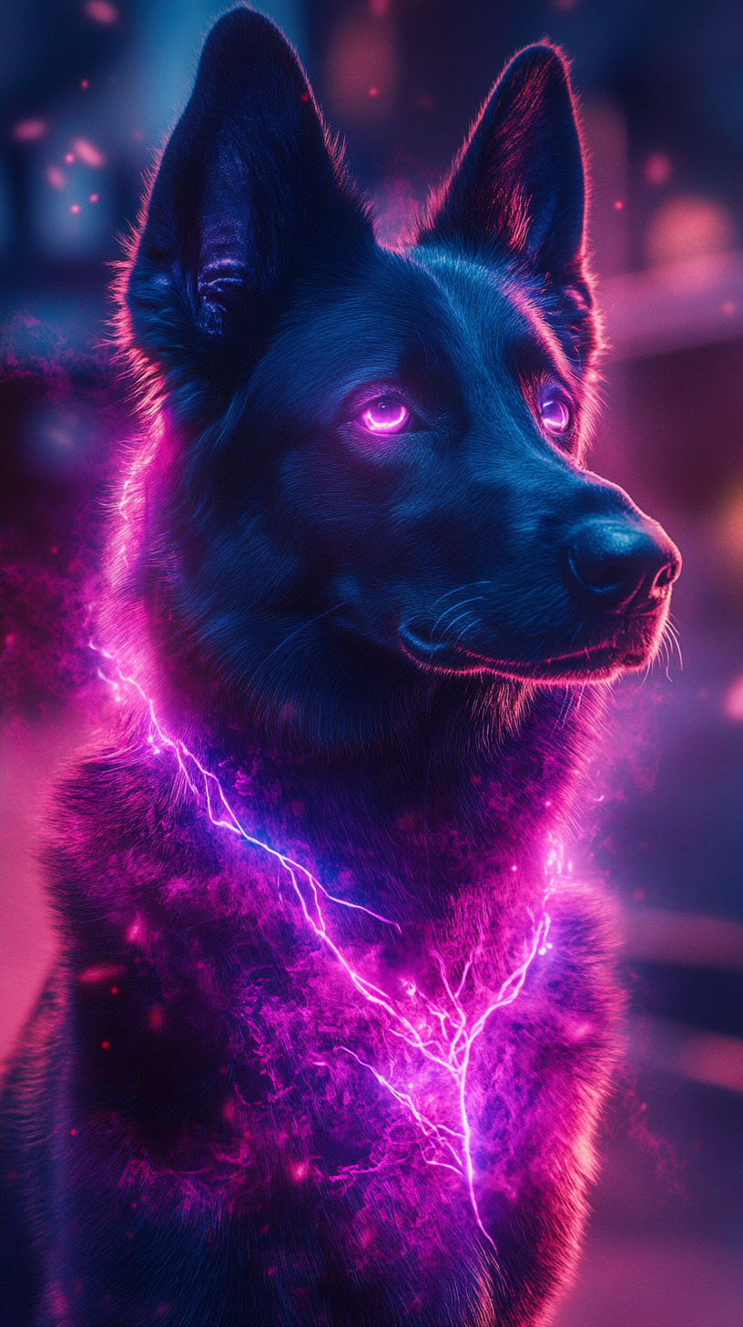 Stylized dog with lightning powers, colorful fur, neon patterns.