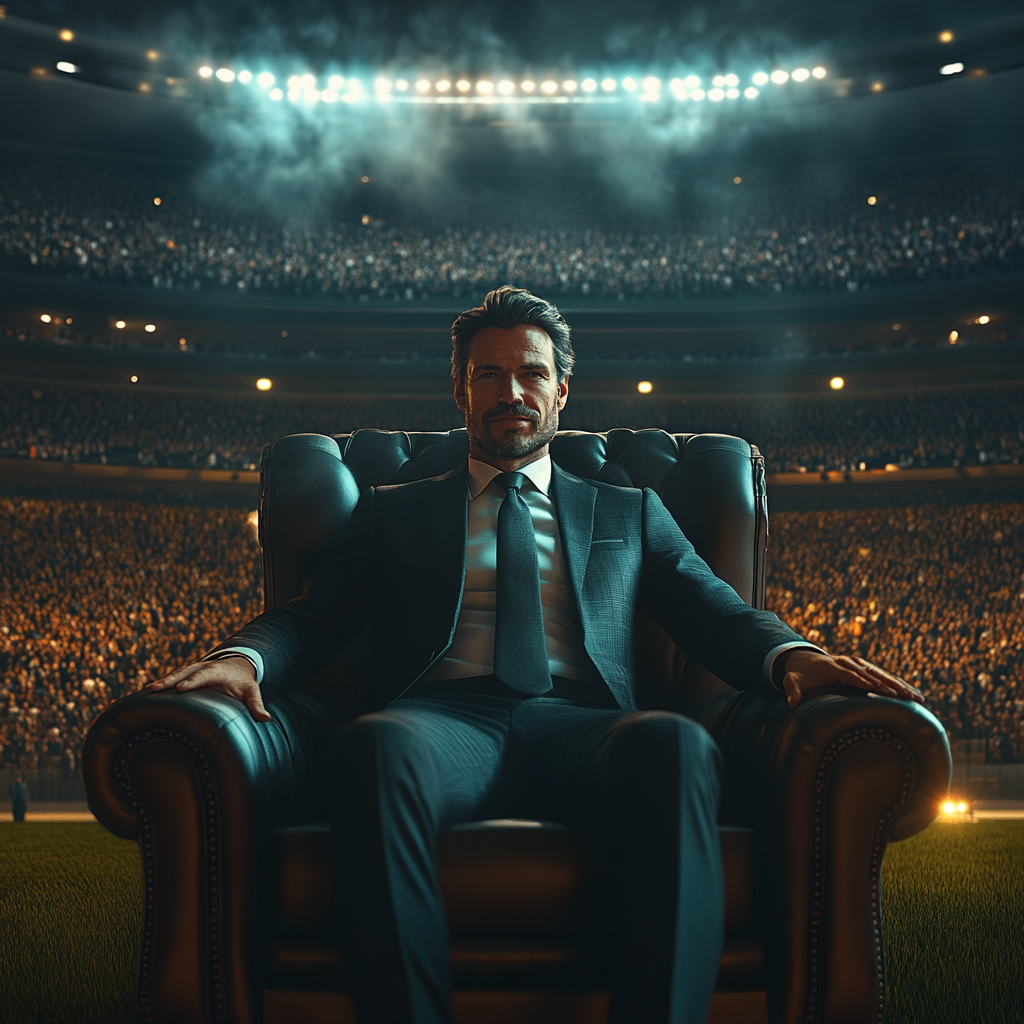 Suited Man in VIP Stadium Seat Under Floodlights