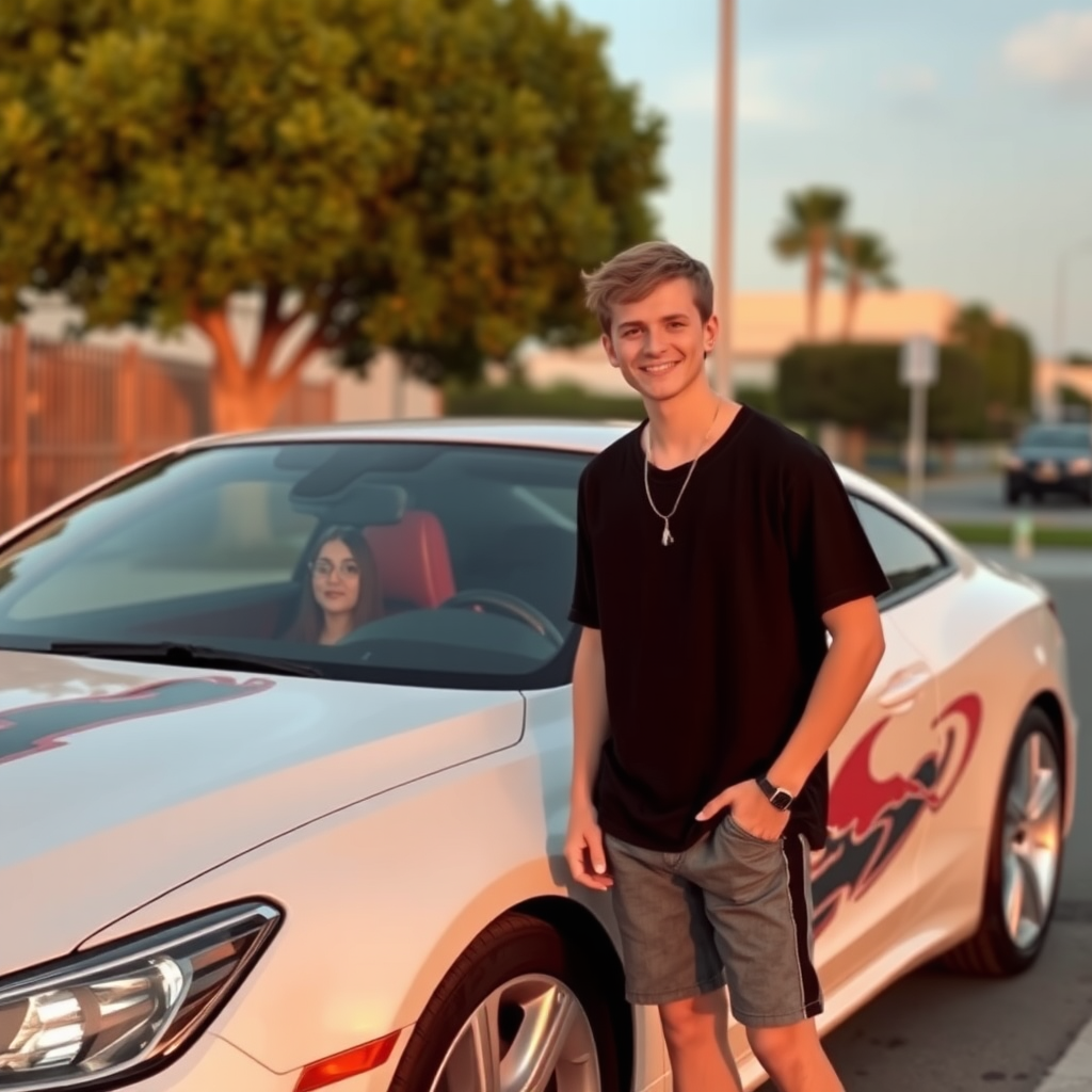 Summarized A cute boy next to a cool car.