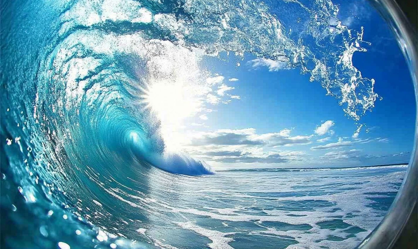 Sun shining on big wave splashing turquoise water