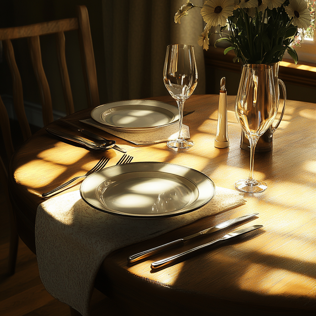 Sunlight accents clown-style flatware on dining table