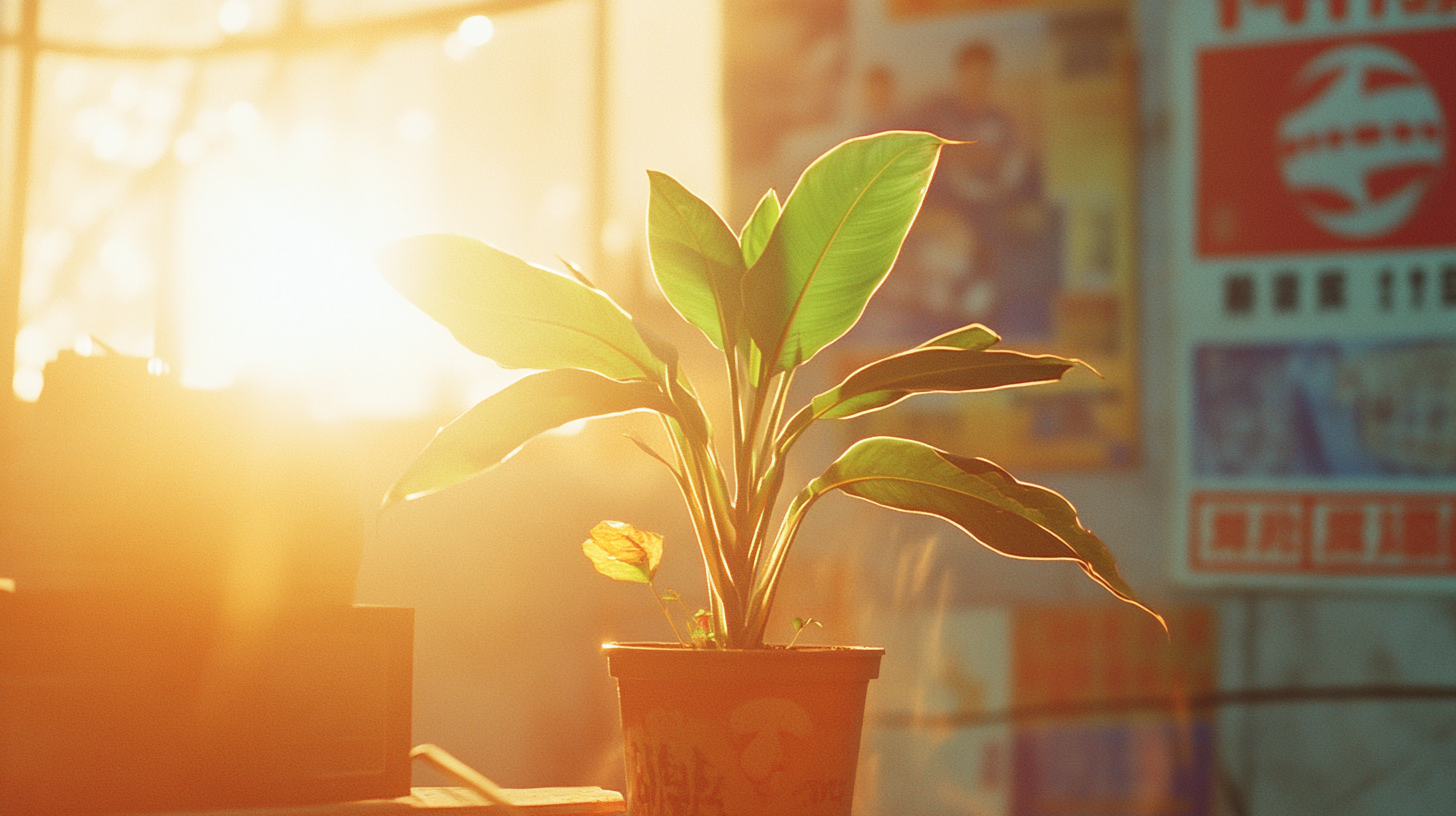 Sunlit Bird of Paradise Plant with Chinese Posters