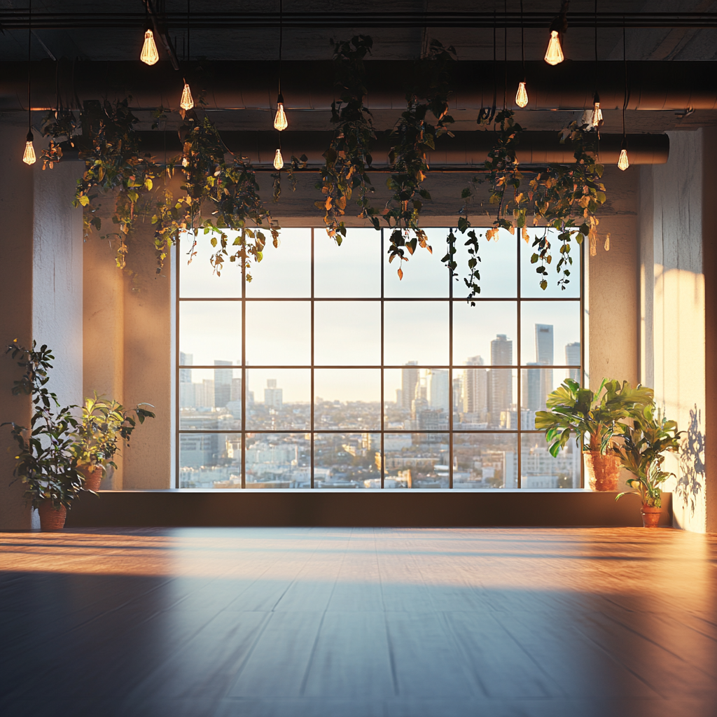 Sunlit performance room with stage, plants, and windows.