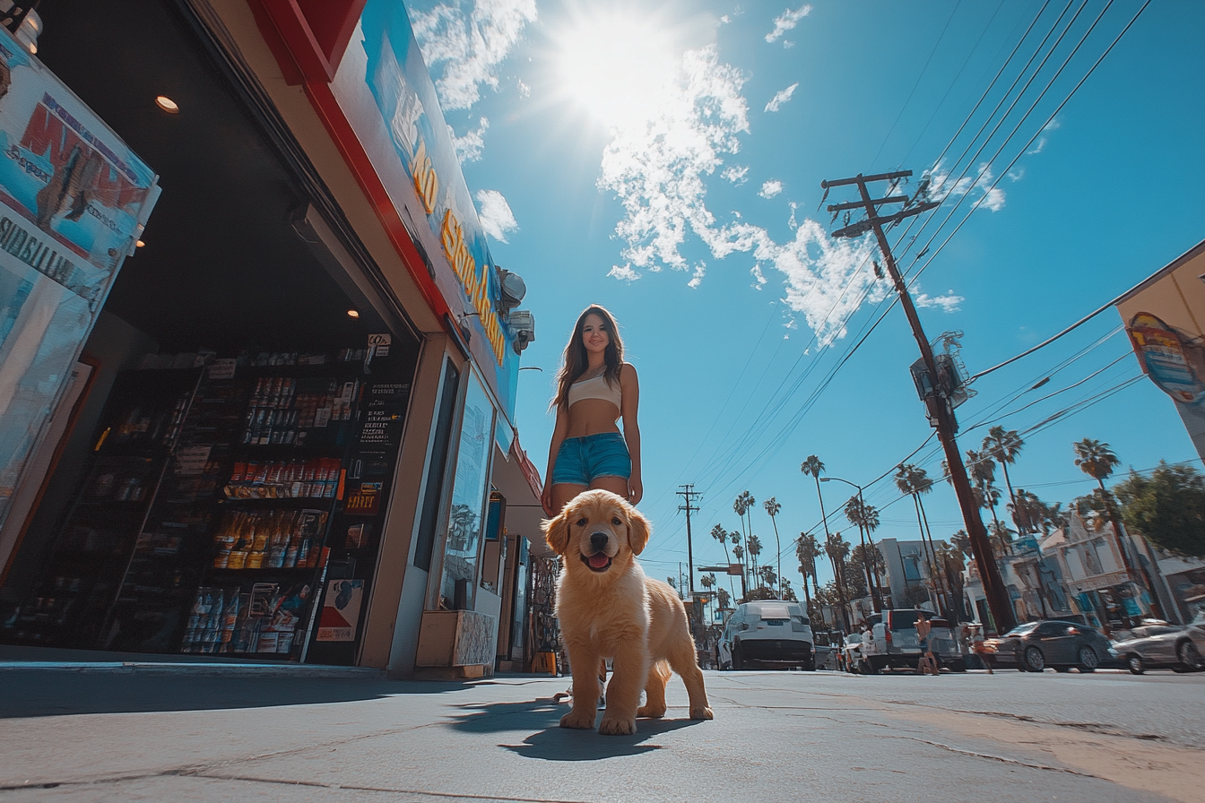 Sunny day with woman and puppy in LA