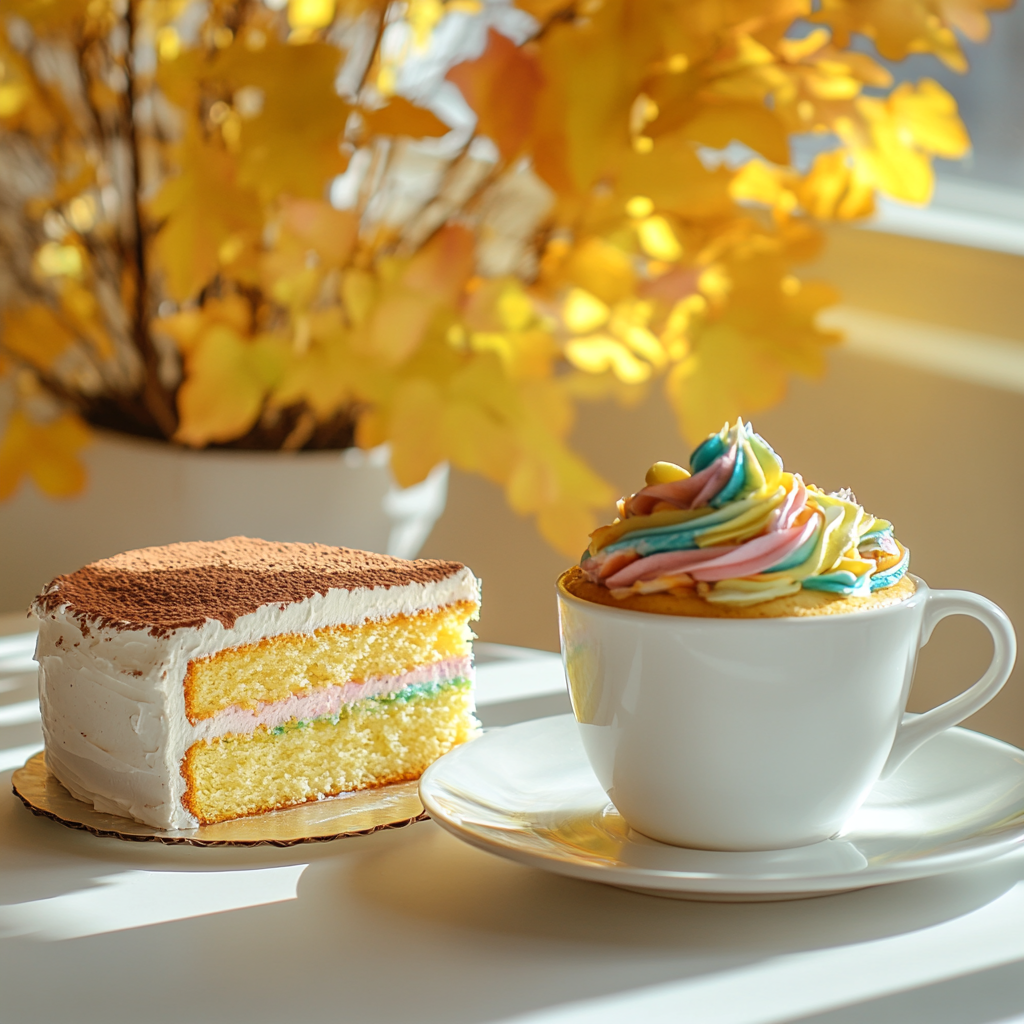 Sunny morning with coffee, cake, and flowers