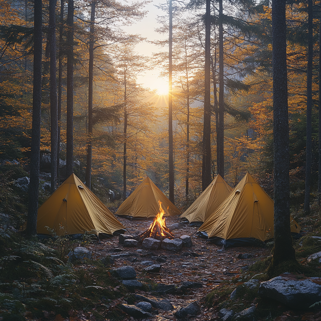 Sunrise Bonfire and Tents in Autumn Forest