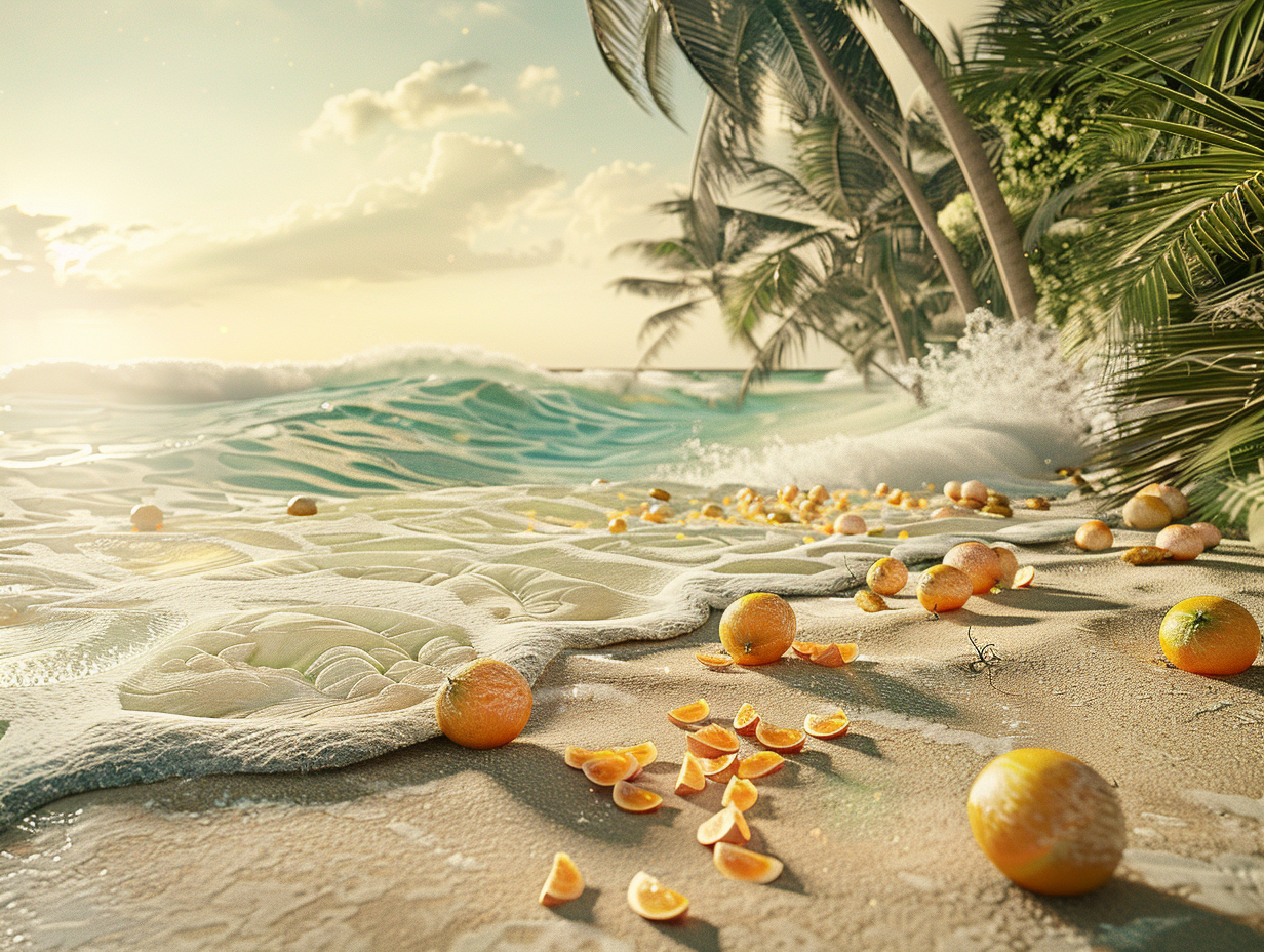 Sunset at Tropical Beach with Bergamot Fruits