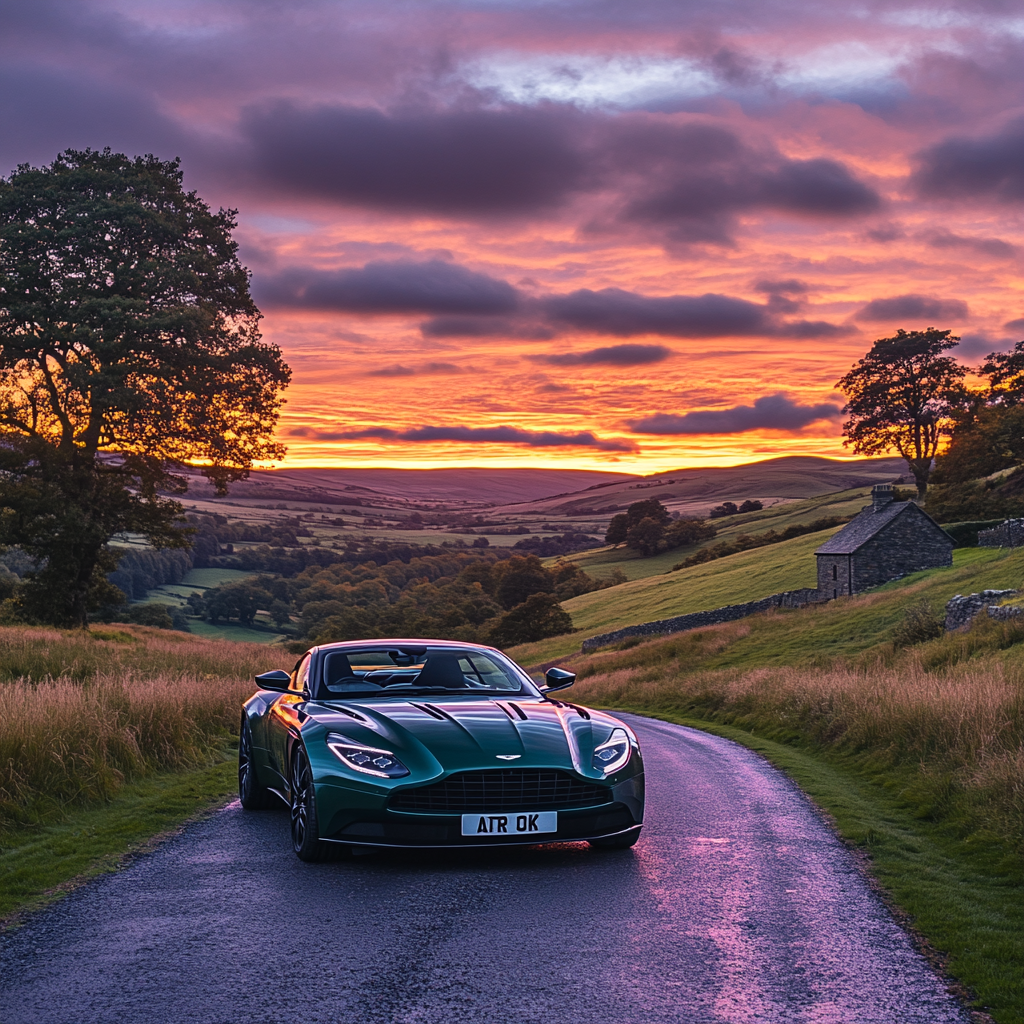 Sunset drive: Aston Martin DB12 in British countryside