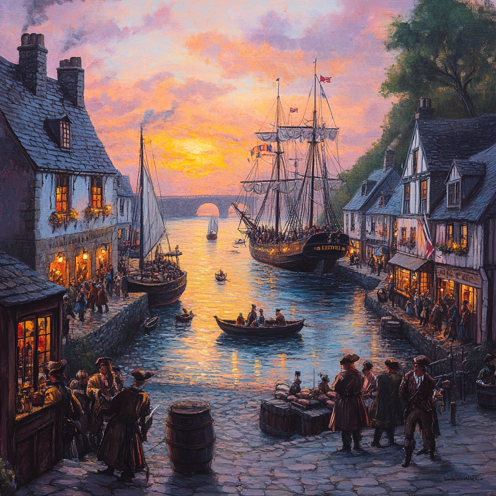 Sunset in Cornish Harbour: 18th Century Scene