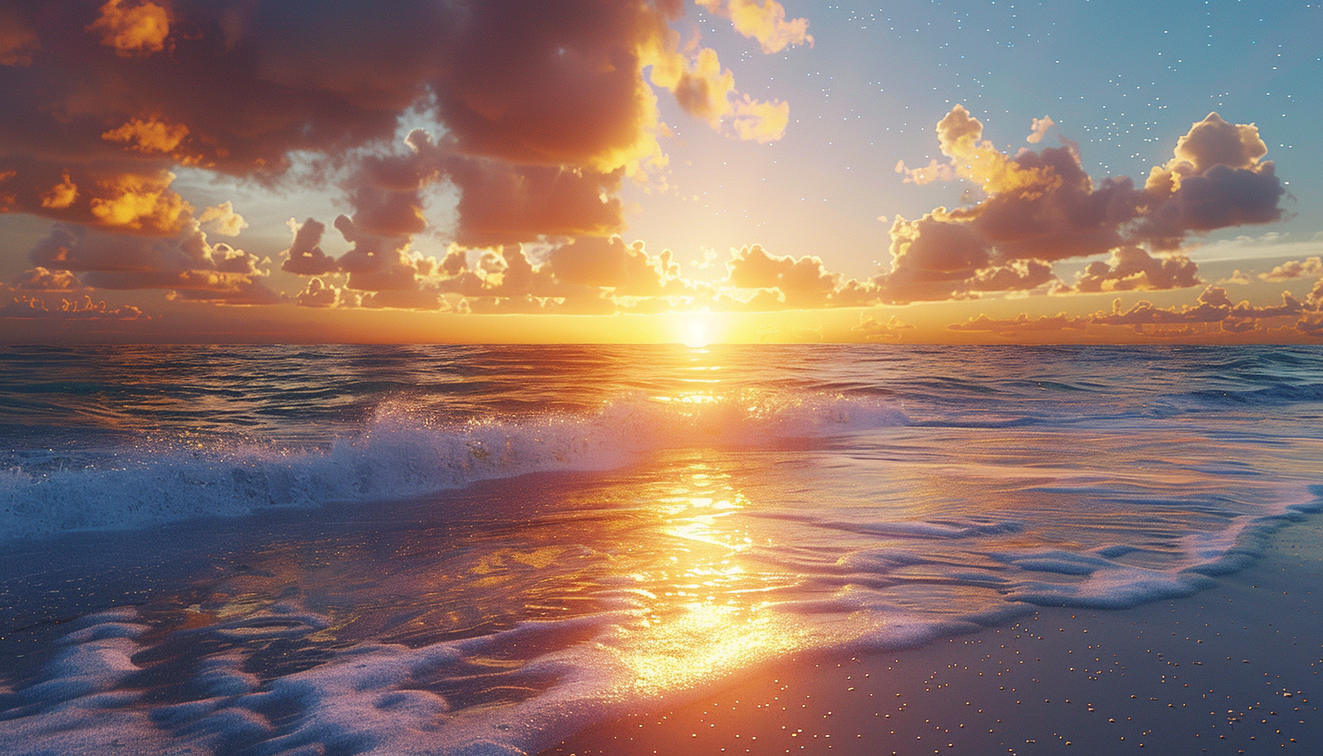 Sunset over Pristine Beach with Reflective Atmosphere