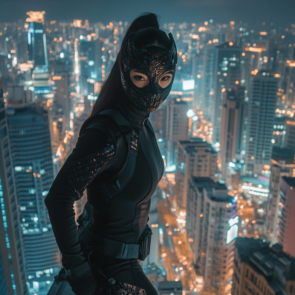 Superhero Girl with Dragon Mask in City Night