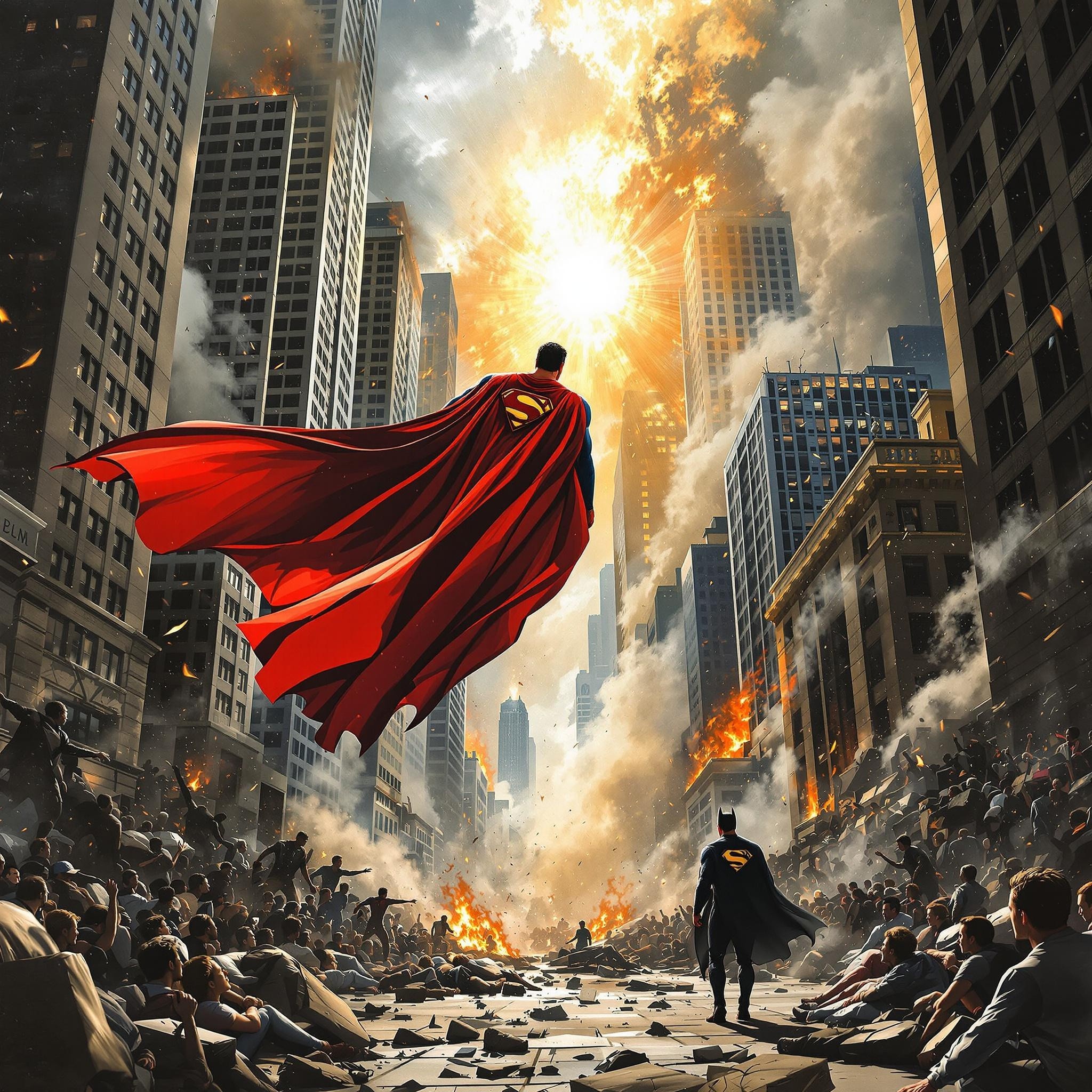 Superman Soars in Sky, Batman Observes Amidst Chaos