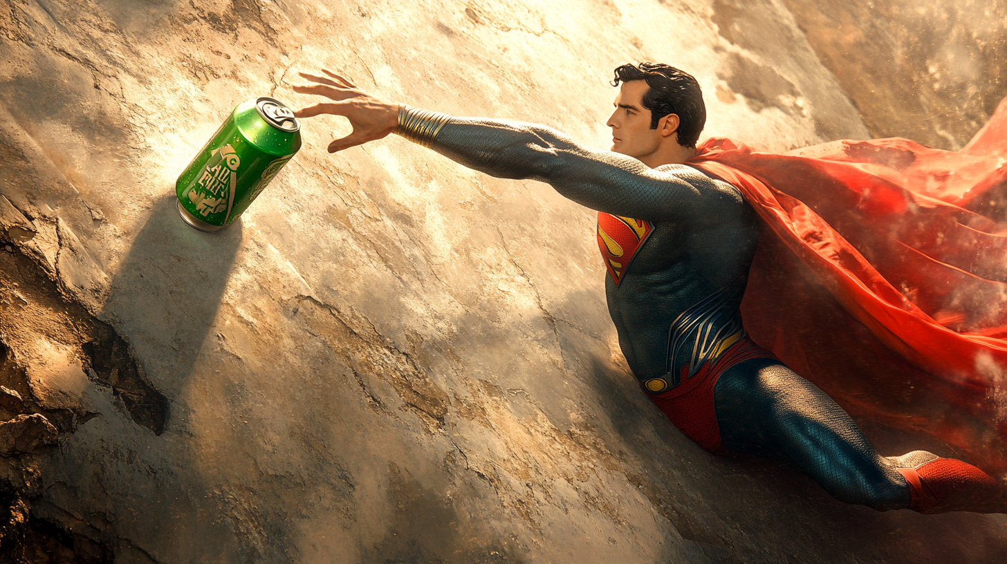 Superman reaching for glowing green soda can sky