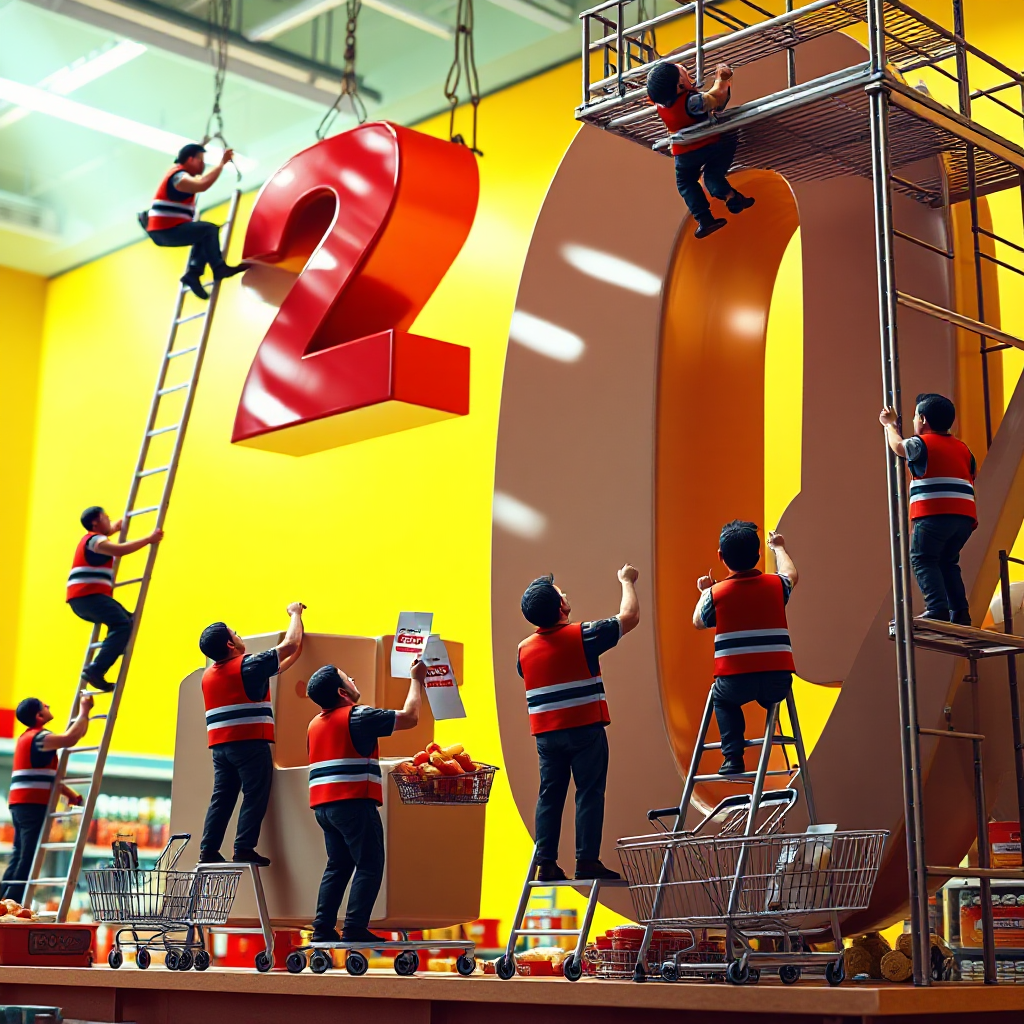 Supermarket Employees Constructing Giant Discount Sign