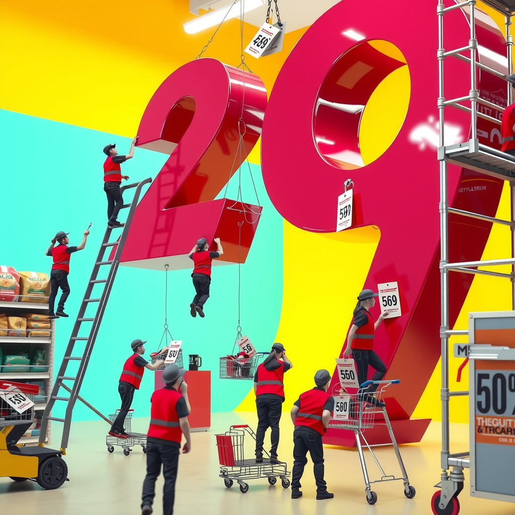 Supermarket Workers Assembling Giant Discount Number