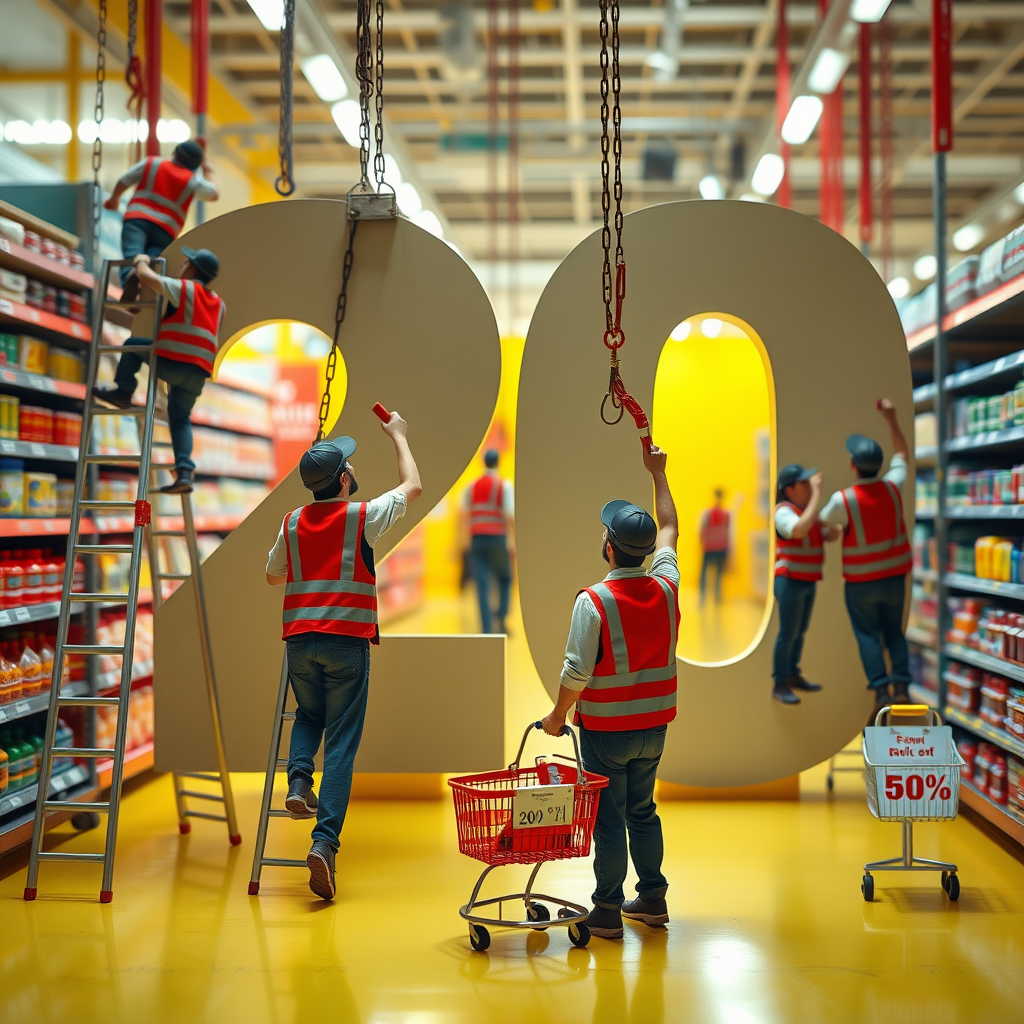 Supermarket Workers Construct Giant '20' in Store