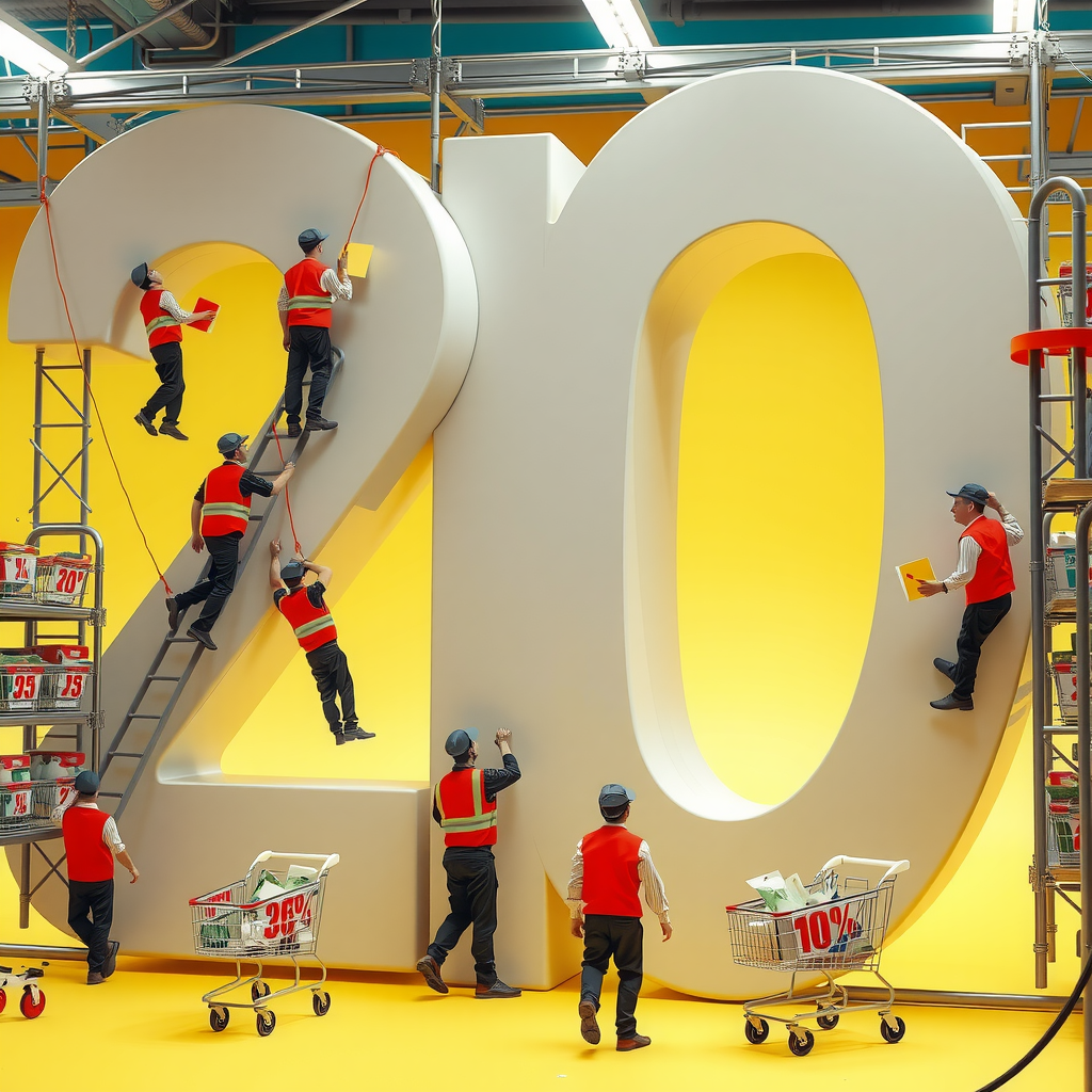 Supermarket Workers Constructing Giant Discount Sign