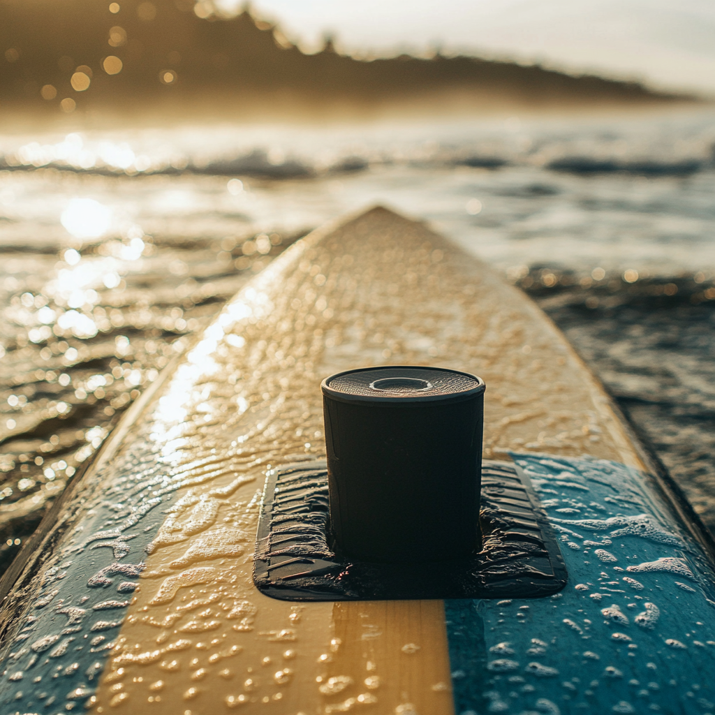 Surfboard with cargo mounts and cup holder on beach.