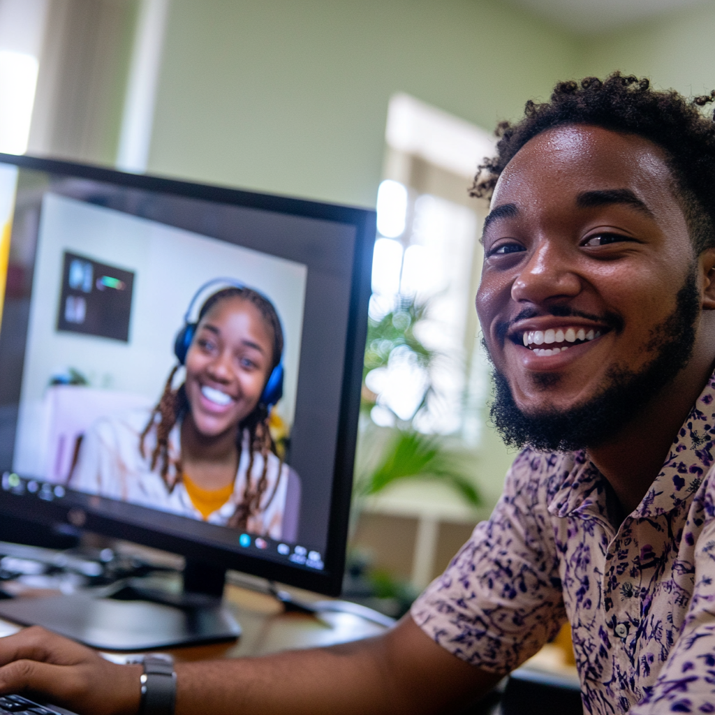 Surprised Caribbean students on Zoom call in class.