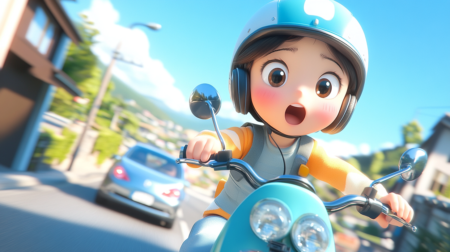 Surprised Korean character on motorcycle with Disney style