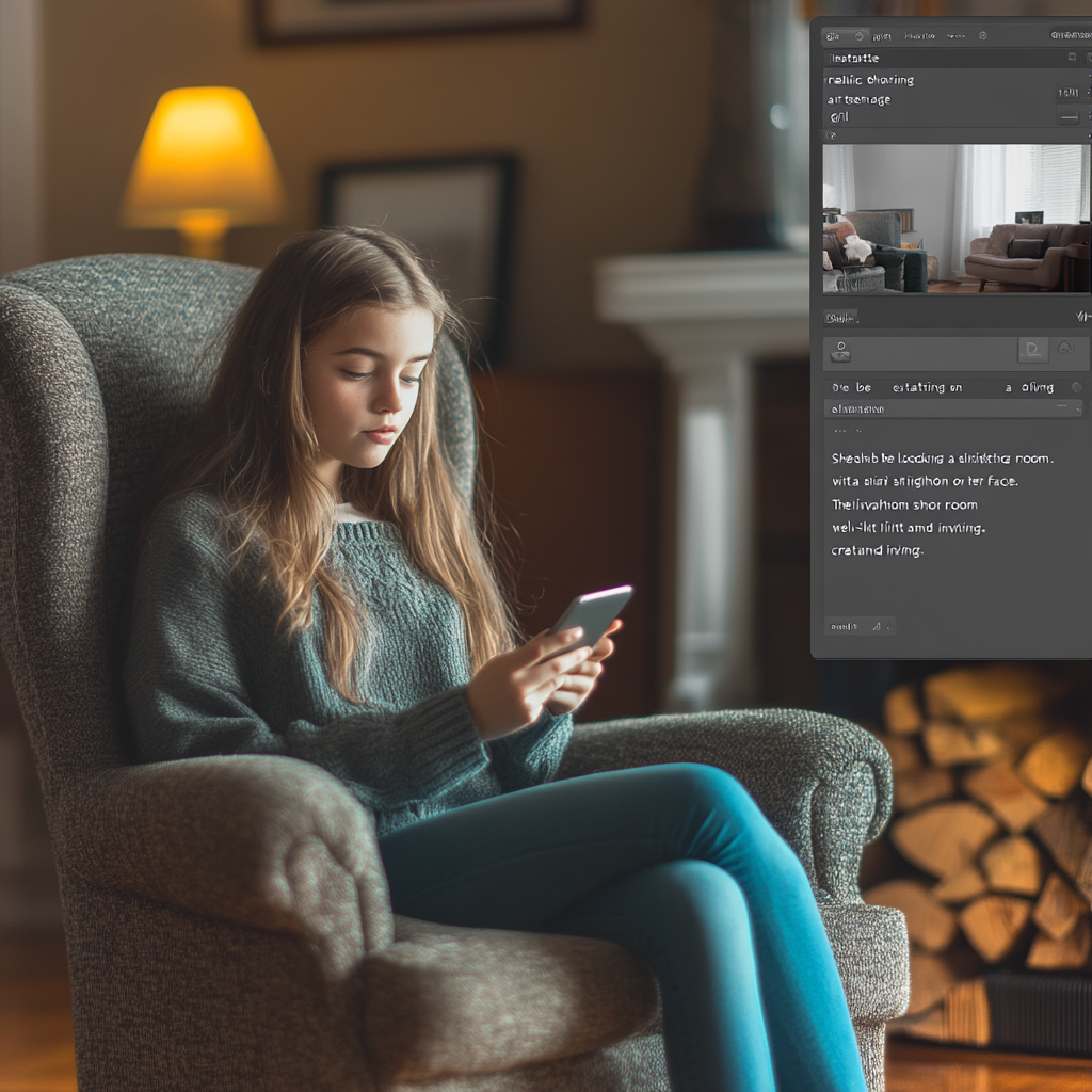 Surprised Teenage Girl Using Smartphone in Bright Living Room