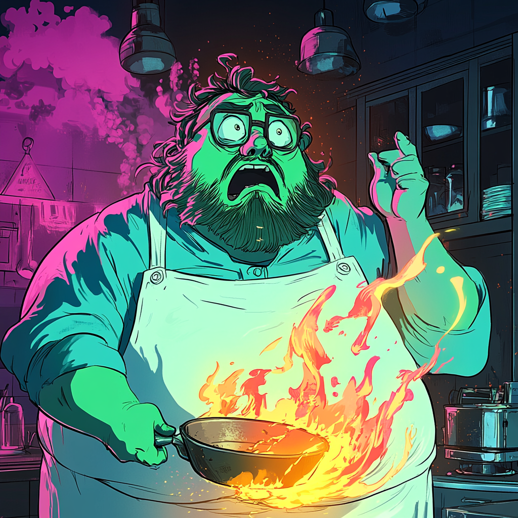 Surprised chubby chef with green skin cooking in kitchen.