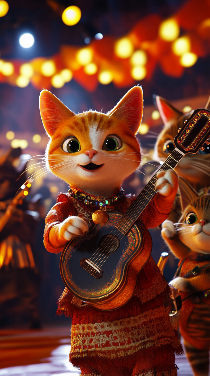 Surprised tabby cat joins mariachi cats on stage.