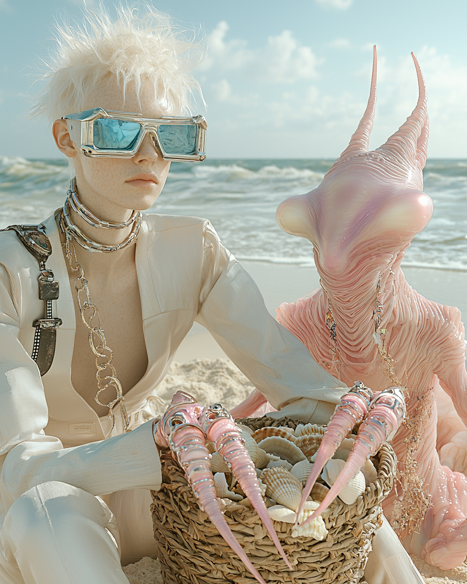 Surreal Beach Scene: Futuristic Fashion with Alien Companion