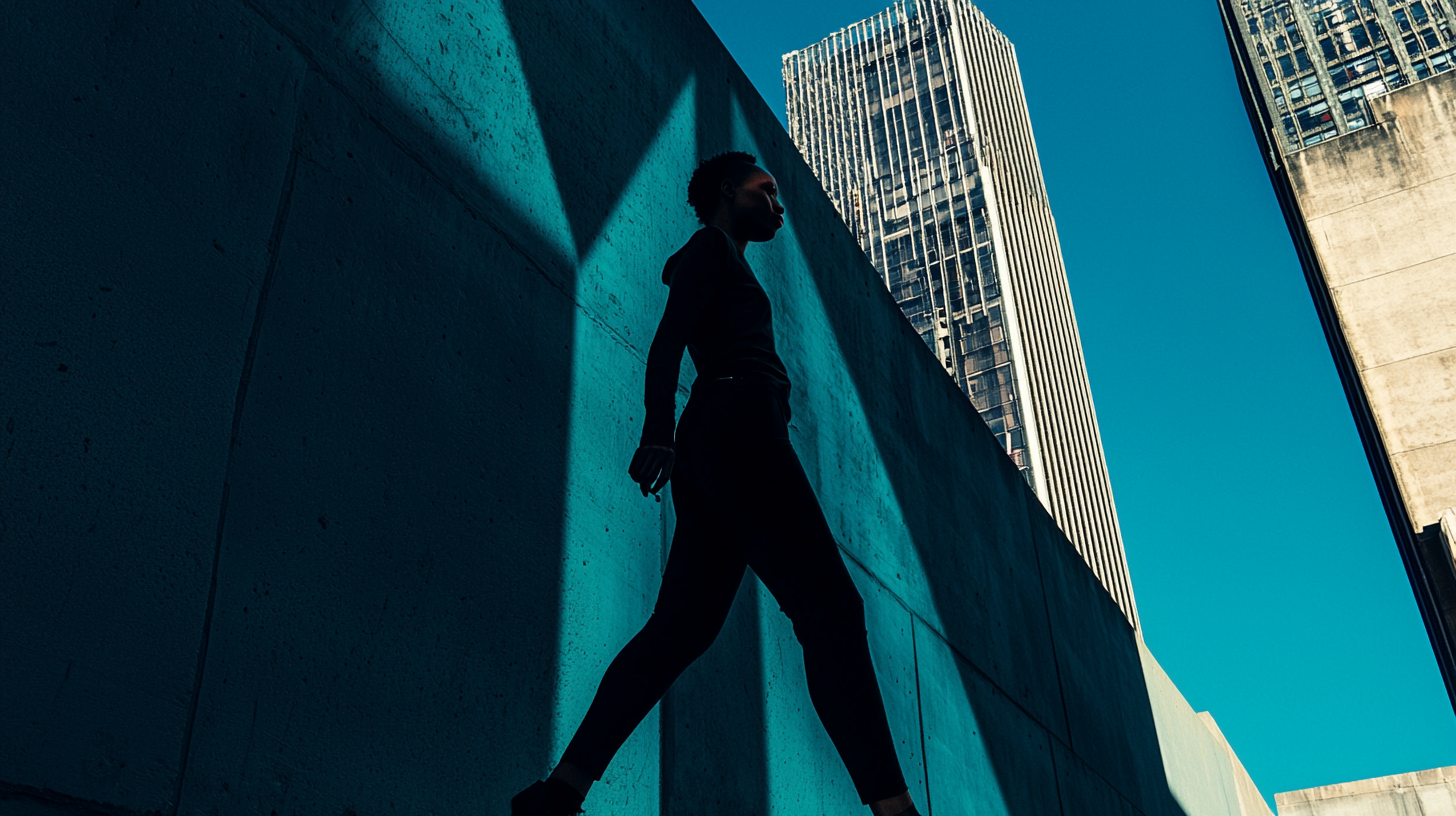 Surreal cityscape with long shadows, athletic clothing in Fuji.