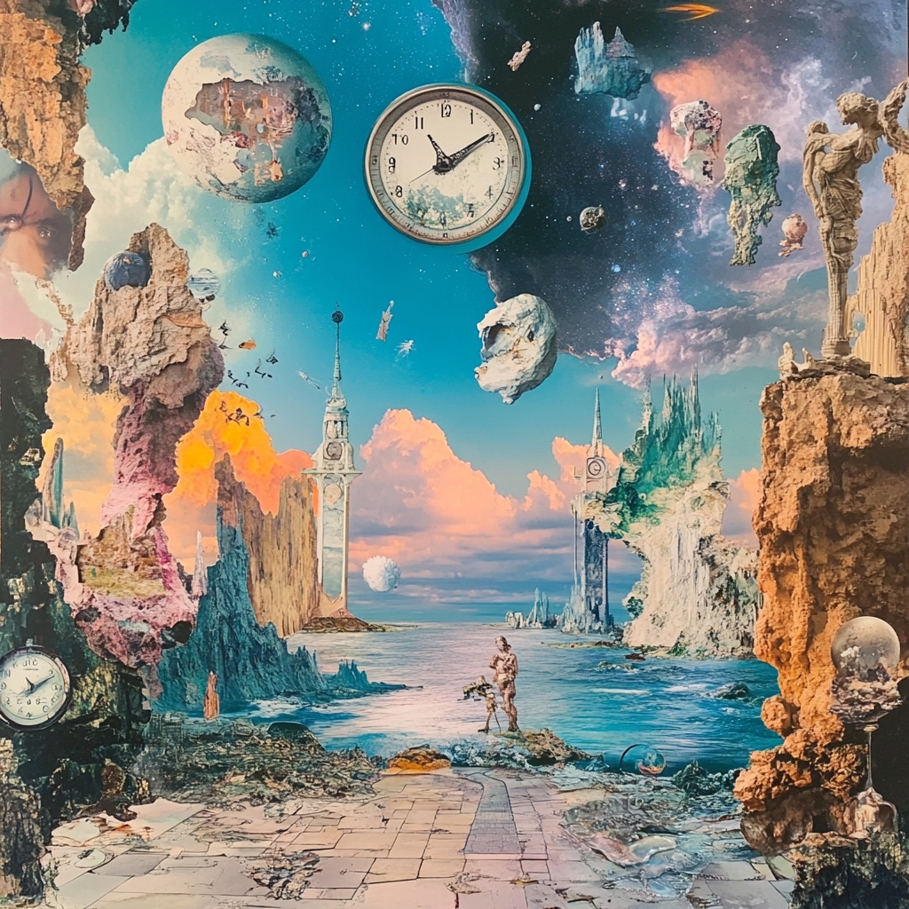 Surreal dream collage with melting clocks and floating islands.