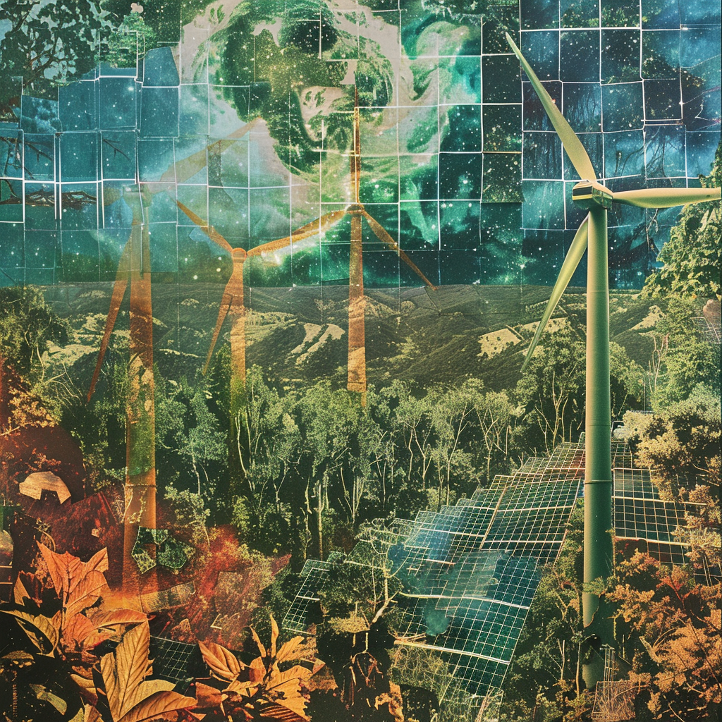 Surreal green collage of wind turbines and solar panels.