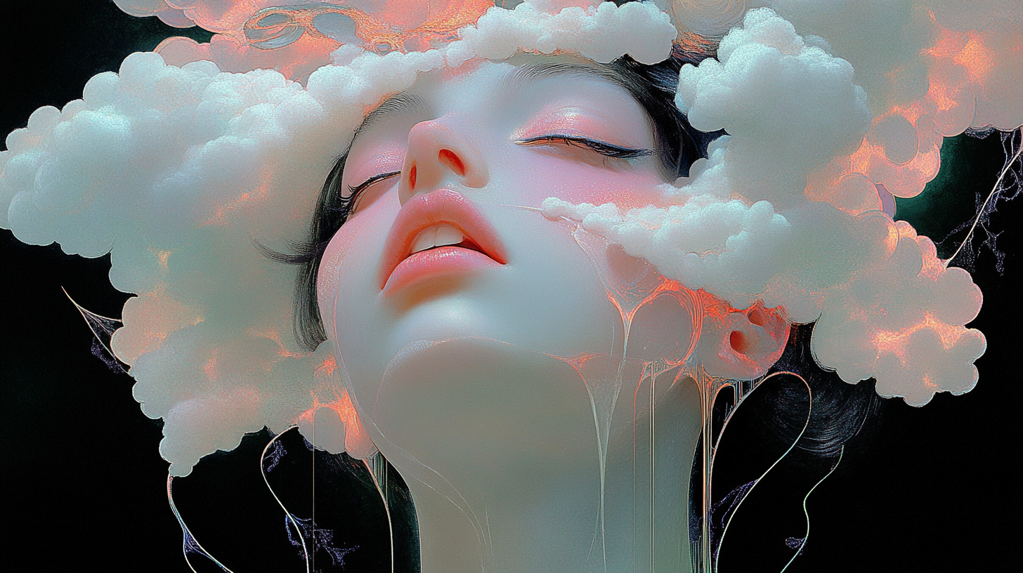 Surrealistic artwork of woman's head in half clouds.