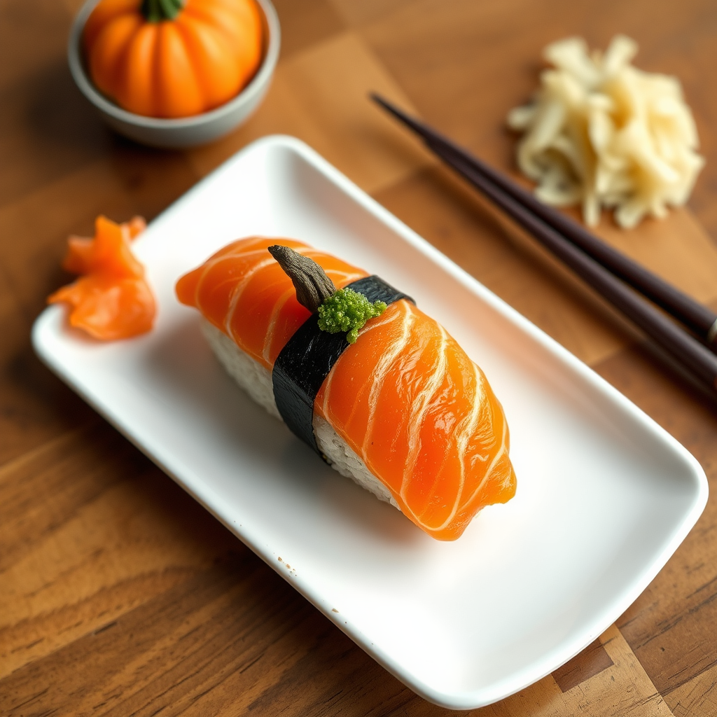 Sushi salmon shaped like a pumpkin.