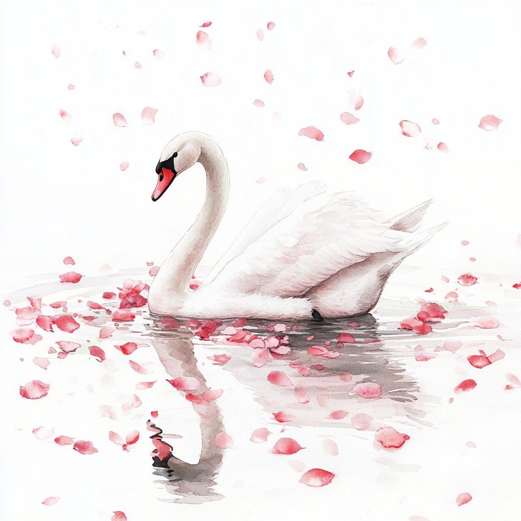 Swan floating with pink petals in watercolor art