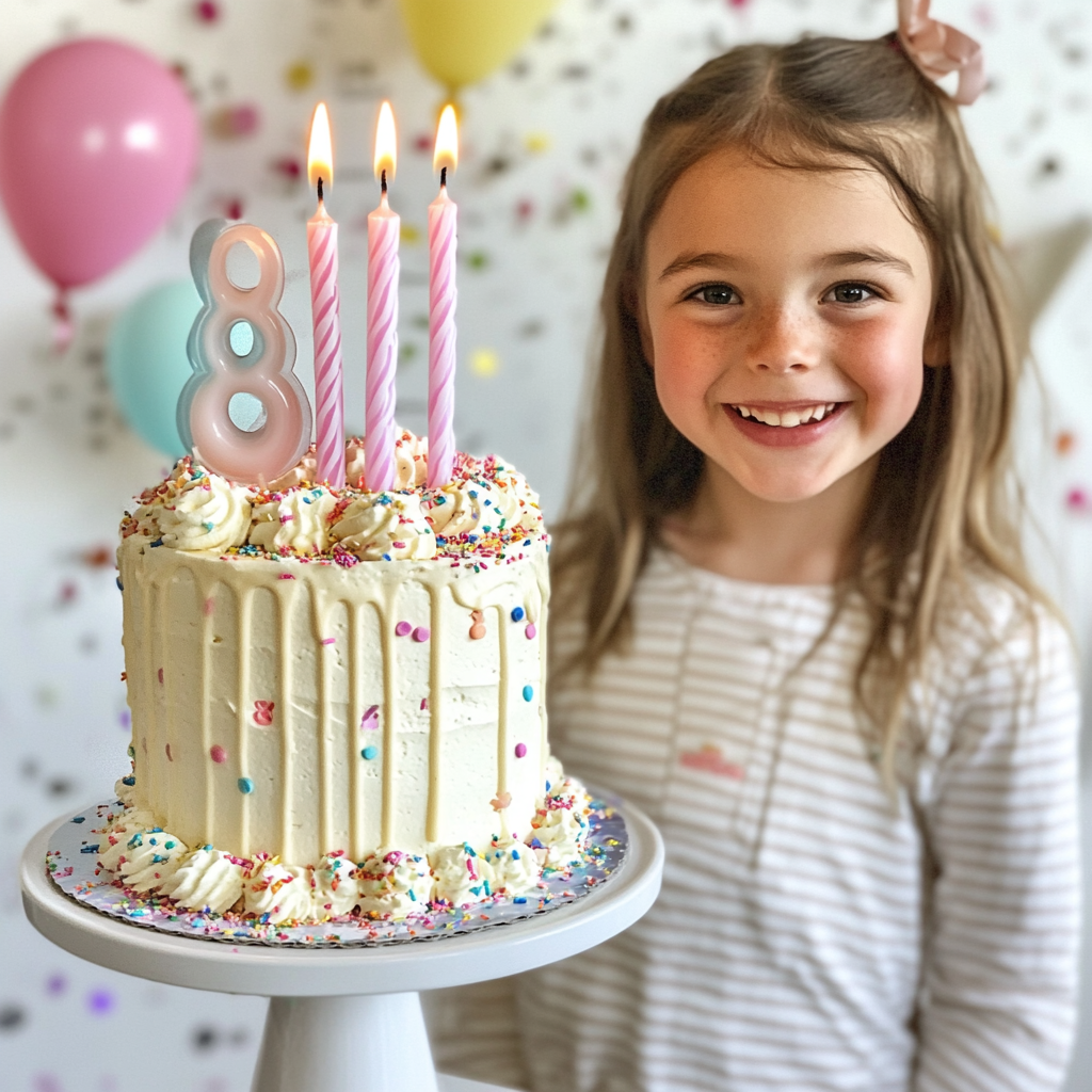 Sweet Whipped Cream Cake with 8 candles